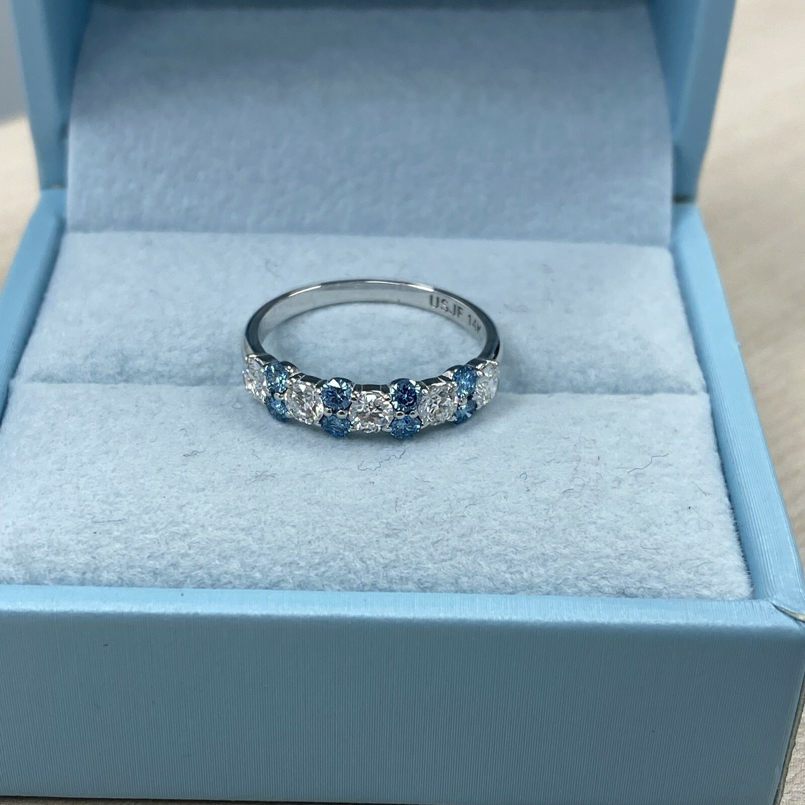 White Blue 1.00 Ct Round Lab Grown Diamond Alternating Wedding Band 14k Gold Item image 6