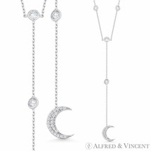 Crescent Moon Charm &amp; Chain CZ Crystal Bezel Y-Necklace in .925 Sterling Silver - £20.13 GBP