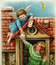 New Year Postcard Angel With Gifts Crescent Moon Man Embossed Ser. 164 Germany - £21.56 GBP