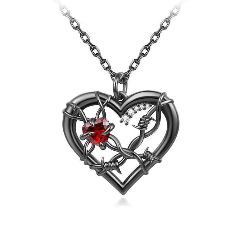 Primary image for Heart Necklace in Black With Barbed Wire Adorned Gothic Style Engagement Pendent