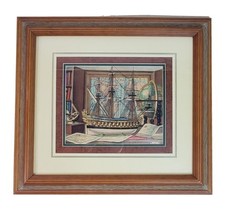 Charles Cerny 1960 Old World Globe Big Ship Reprint Wood Framed 17x19” - $14.40