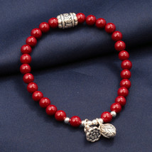 Cinnabar Beaded Bracelet With Sterling Silver OM Beads And Lotus Charm,Gift - £18.78 GBP