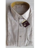 Men Cotton Blend Dress Shirt Short Sleeve Tan Brown Blue Plaid Checked XL - £21.96 GBP