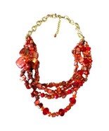 Iridescent Red Coral Floral Multi Strand Gold Tone Chain Link Necklace - £21.29 GBP