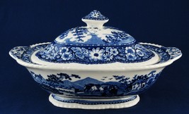 Royal Cauldon Native Blue &amp; White Oval Vegetable Bowl w Lid China England - £151.32 GBP