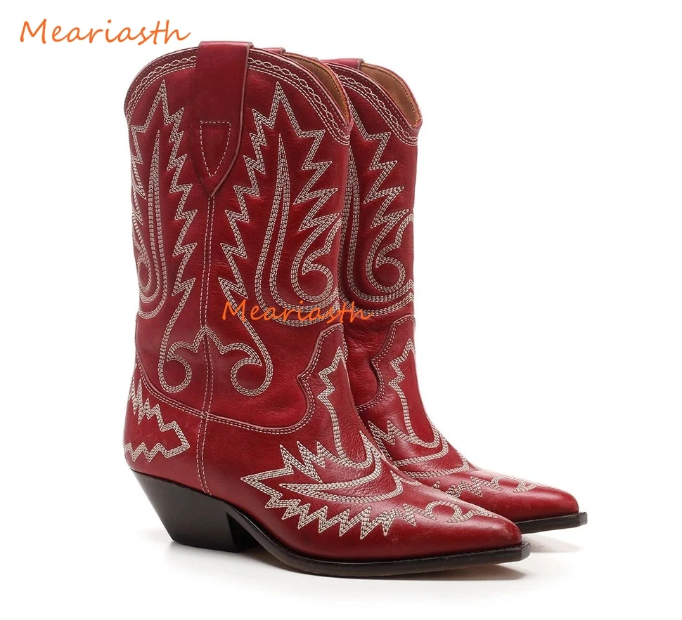  Leather embroidery Square Heels Short Boots Women Pointed Toe Slip-on Western b - £148.01 GBP