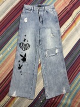 Playboy Club x Pacsun Womens Bunny Graphic Wide Leg Jeans Raw Hem Distressed 27 - £19.01 GBP