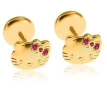 Pink Sapphire Cat Stud Earrings Girls Teens Baby 14K Yellow Gold Plated Silver - £44.46 GBP