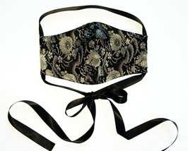 Floral Black Gold Reversible Face Mask Oriental Brocade Satin + Ribbon Tie BOHO - £20.86 GBP
