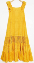 PAYAL JAIN Eyelet Floral Embroidery 100% Cotton Maxi Dress Size-14 Yellow - $59.38