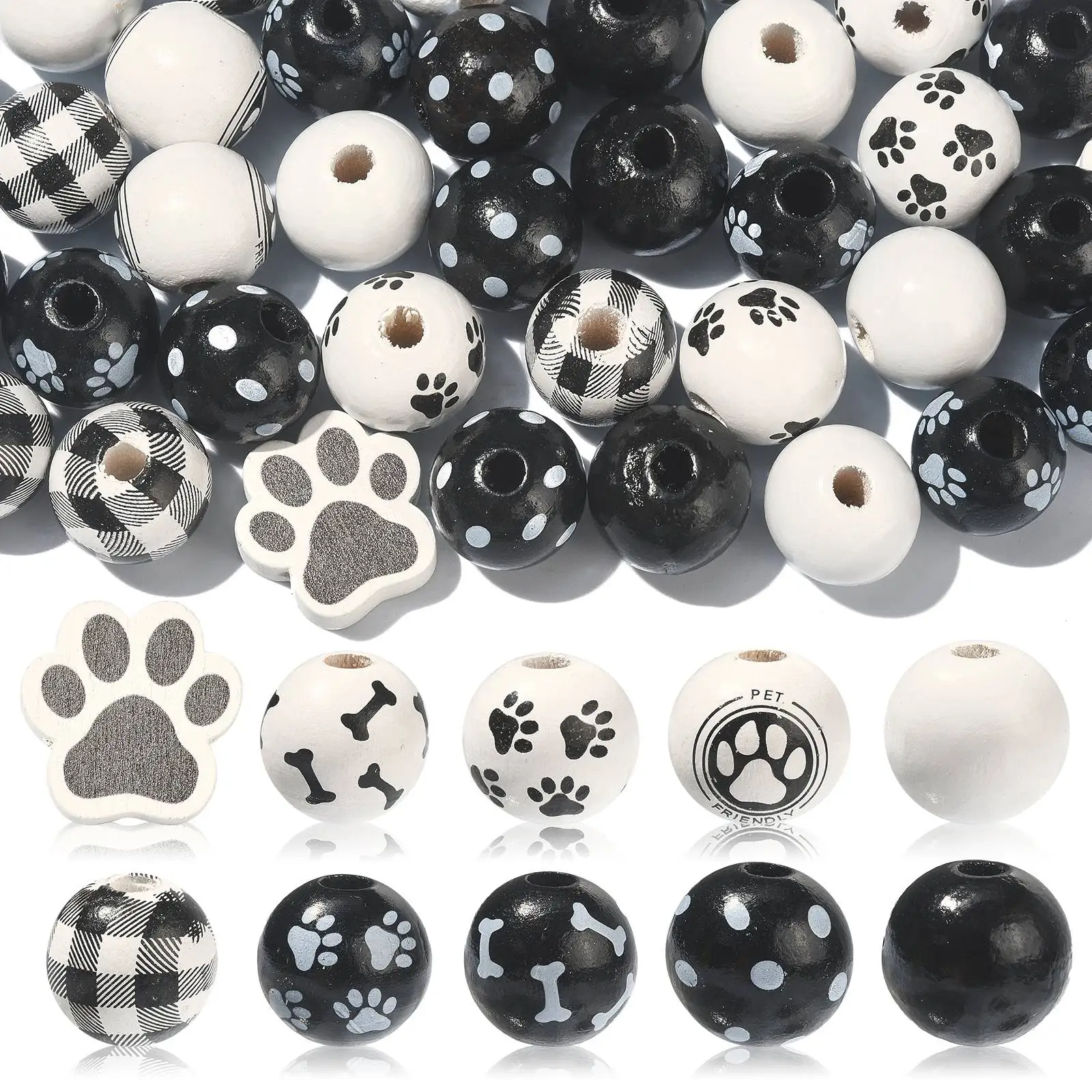 Pandahall 50Pcs 10 Styles Black and White Dog Theme Wood Beads Cute Pet Paw - £12.77 GBP