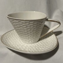 Davids Tea Retro Style Cup Saucer Set Dimpled White Gold - $13.81