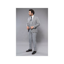Men 3pc European Vested Suit WESSI by J.VALINTIN Slim Fit JV40 Gray Blue Plaid image 4