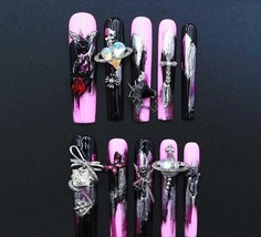Gothic Glam Pink &amp; Black Press On Nails with 3D Charms Long Coffin Nails... - $41.82 CAD