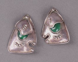 Vtg Navajo Modernist AR Signed .925 Sterling Silver Green Cabochon Earrings 25 G - £204.68 GBP