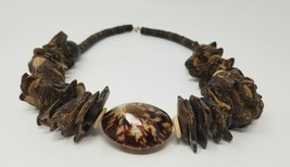 Necklace Faux Tiger Shell Geometric Vintage Handmade Brown Nature Wood  - $18.95