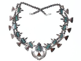 1970&#39;s Navajo Turquoise and Coral Chip Inlay and Silver Bird Squash Bloss - £571.34 GBP