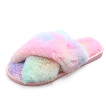 Winter Mixed-Color House Women  Slippers Rainbow Color Bedroom Girls Plush Shoes - £20.90 GBP