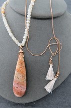 Adjustable Necklace Polished Stone Pendant Gold Tone Pink Quartz Crystal Beads - £7.80 GBP