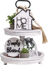 Houmury 8 Pc. Farmhouse Tiered Tray Decor Set For Rustic Home Sweet Home Kitchen - £27.95 GBP