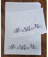 2 Embroidered Standard Pillow Cases Butterfly Floral White GrannyCore Vi... - $32.50 CAD