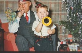 VTG 1952 Kodak Kodachrome Slide Christmas Man &amp; Boy Blowing Horns Noise ... - $9.99