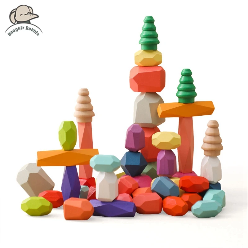 Wooden Building Block Colored Stone Baby Montessori Creative Educational Toy - £25.55 GBP+