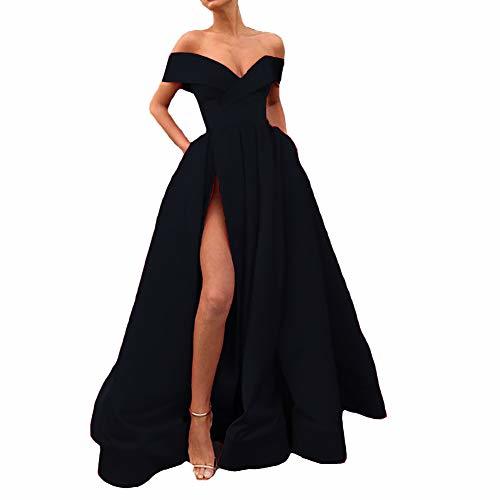 Kivary Plus Size Off Shoulder Front Slit Ball Gown Prom Dress with Pocket Dark N