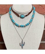 New Boutique Faux Leather Turquoise Choker Saguaro Cactus Necklace Set W... - $34.17 CAD