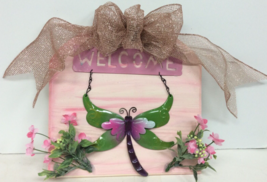Handmade pink white Wooden hanging Metal Dragonfly Welcome Sign Bow 11x11 New - £11.63 GBP
