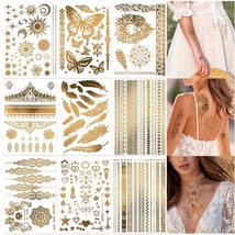 9 Sheets Gold Temporary tattoos Gold Tattoos Temporary Metallic Tattoos ... - $23.51