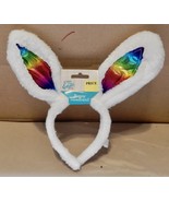 Easter Bunny Headband White Fuzzy With Dark Rainbow Colors In Ear 261F - $2.49