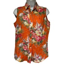 Lauren Ralph Lauren 100% Linen Orange Floral Sleeveless Button Up Shirt ... - $14.85