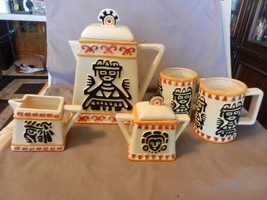 Ceramic Coffee Pot, Creamer, Sugar, 2 Mugs Aztec Design from Clay Art 1995 - £95.63 GBP