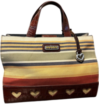 one world by BRIGHTON canvas &amp; leather striped satchel handbag w/heart c... - $41.50