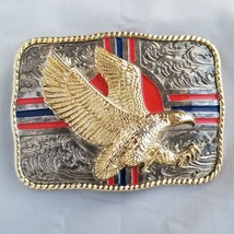 Vintage Belt Buckle American Bald Eagle Stripes Western Style Rope Edge - £44.66 GBP