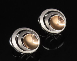 14K GOLD &amp; 925 Silver - Vintage Two Tone Concave Disc Stud Earrings - EG... - £41.94 GBP