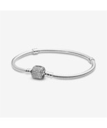 S925 Silver Moments Sparkling Pavé Clasp Snake Chain Bracelet,Gift for Her - $20.99