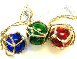 Beachcombers Coastal glass float ornaments set of 3 Red Green and Blue 2.25 Inch - £15.51 GBP