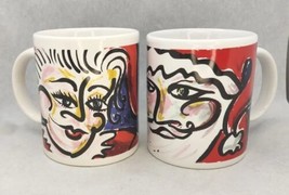 Lemley Face Christmas Mr. &amp; Mrs. Santa Claus Art Abstract Coffee Mug Vtg U211 - £19.97 GBP