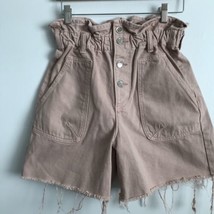 Zara Jean Shorts 4 Pink Denim High Rise Belted Jean Fringe Cut Off Elast... - $21.11