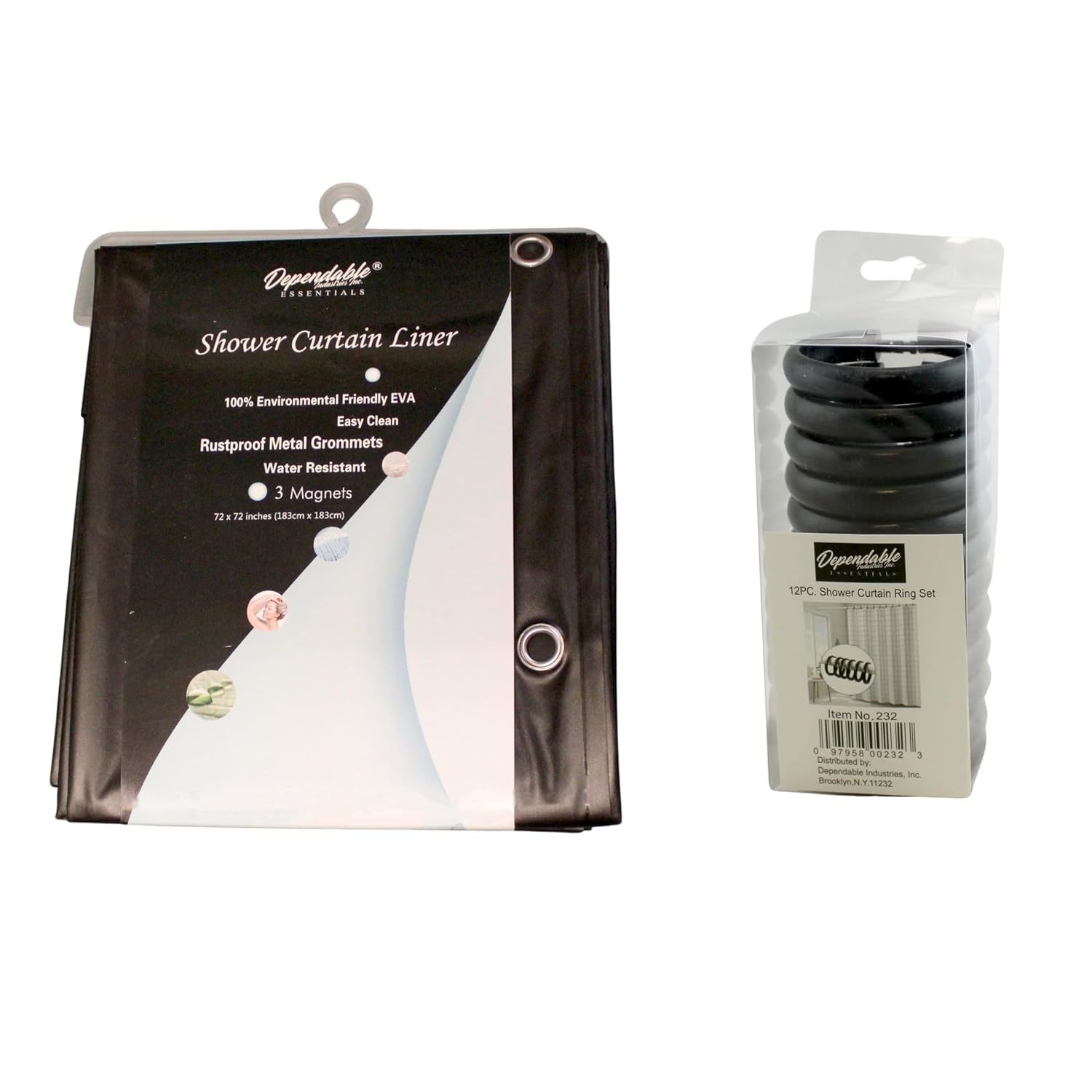 Black Shower Curtain Liner With Matching 12 Piece Plastic Locking Round Hooks -