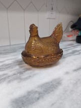 Vintage LE Smith Dark Amber Hen on Nest  Glass Chicken Lidded Bowl - £22.31 GBP