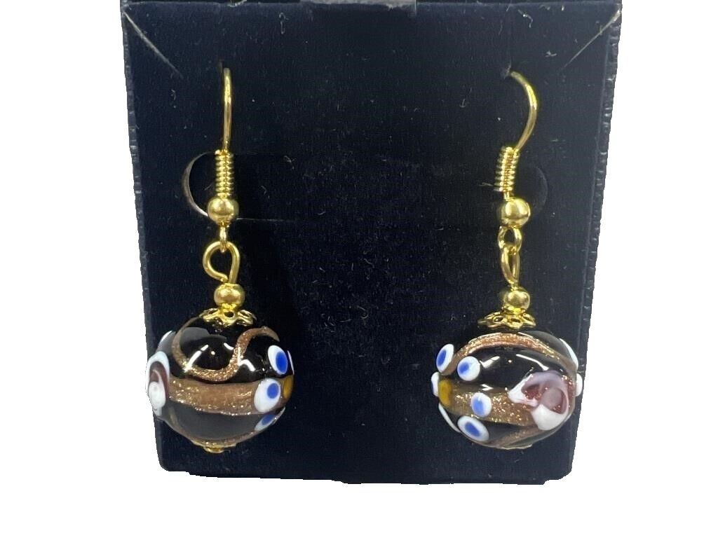 Stauer Venetian Murano Glass Dangle Drop Earrings Blue Glass Ball Gold Flake - £50.99 GBP
