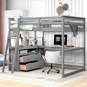 Full Size Loft Bed With Long Desk And Shelves,Wooden Bedframe With Two B... - £961.68 GBP