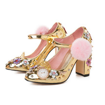 pink mary janes crystal flower women pumps with genuine leather ladies party sho - £115.02 GBP