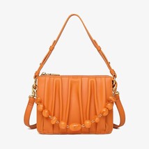MABULA Beaded Chain Women Top Handle Purse Pleated Design Orange Leather Square  - £159.98 GBP