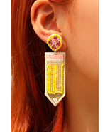 Yellow Beaded Pencil Teacher Earrings - $7.64 CAD