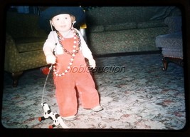 1952 Cute Little Cowgirl Hat, Grins, Walking Toy Dog Red-Border Kodachrome Slide - £2.38 GBP