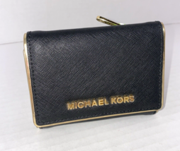 Michael Kors Saffiano Gold Framed Small Trifold Wallet Black Leather W6 - $44.54